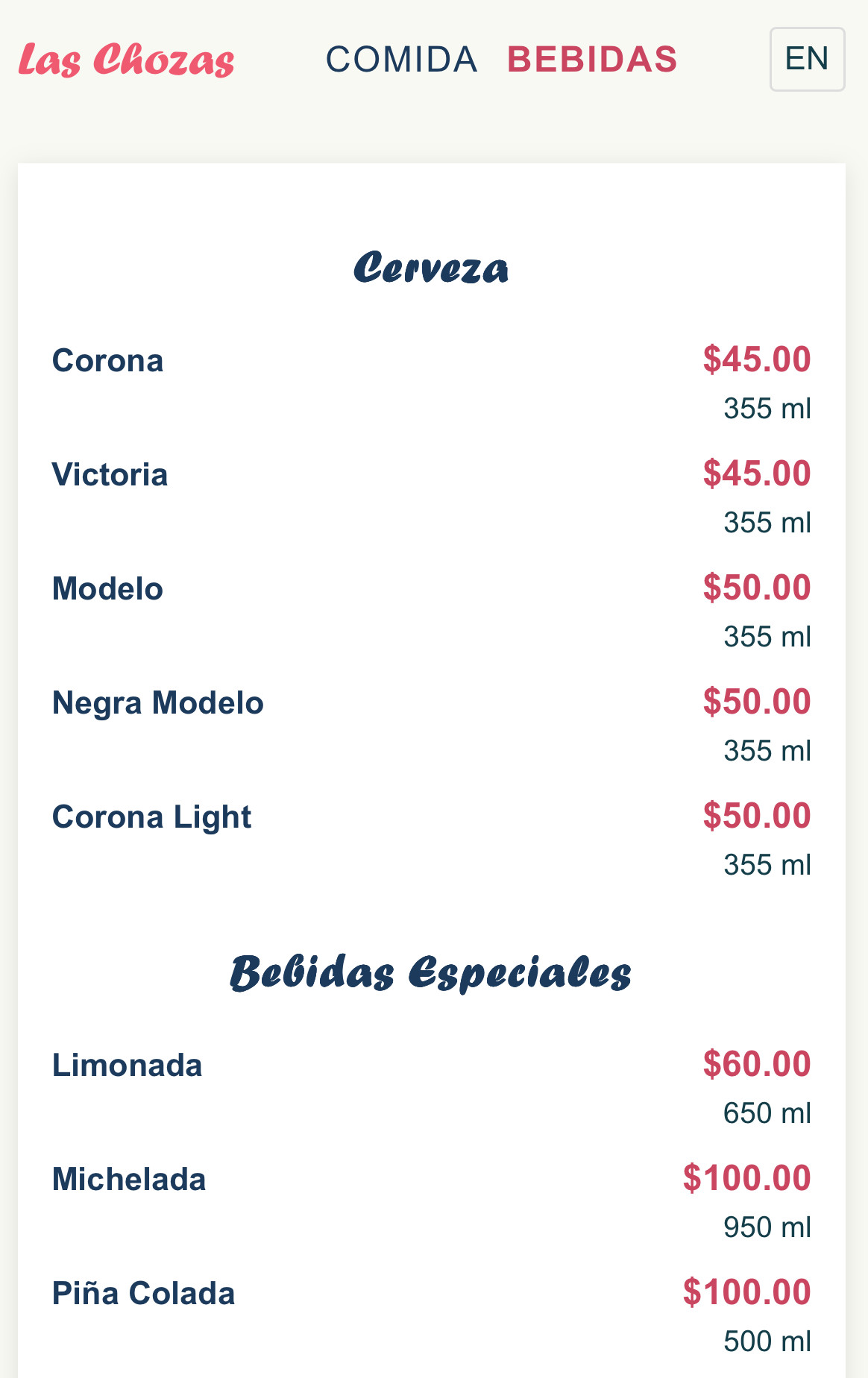 Las Chozas — menú de bebidas