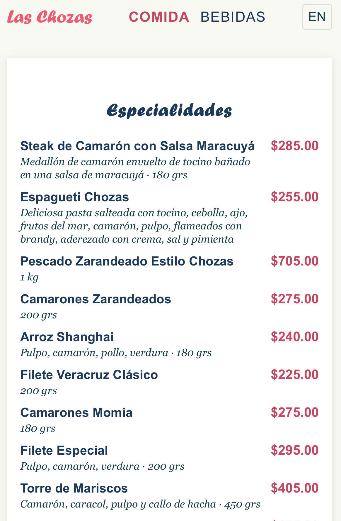 Las Chozas — menú de comida